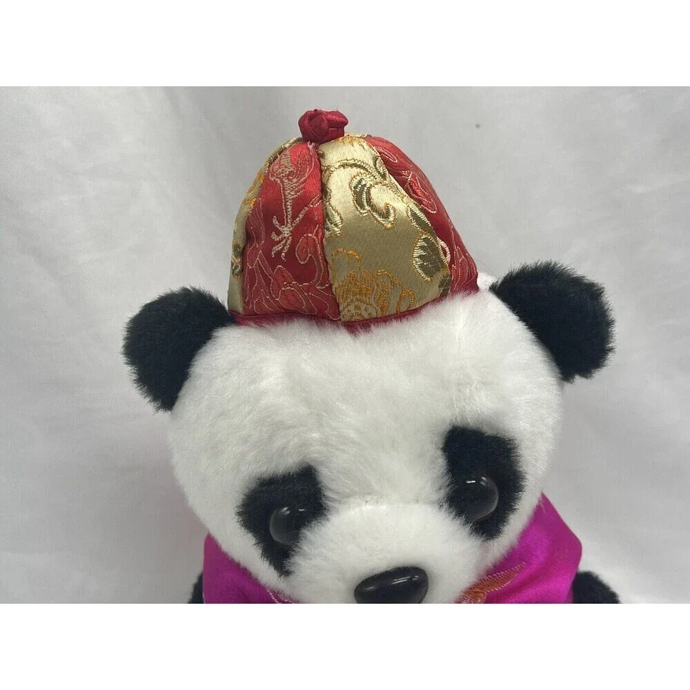 Panda Bear With Pink Tang Suit Gold Red Hat  Plush Stuffed Animal Soft Toy 7''